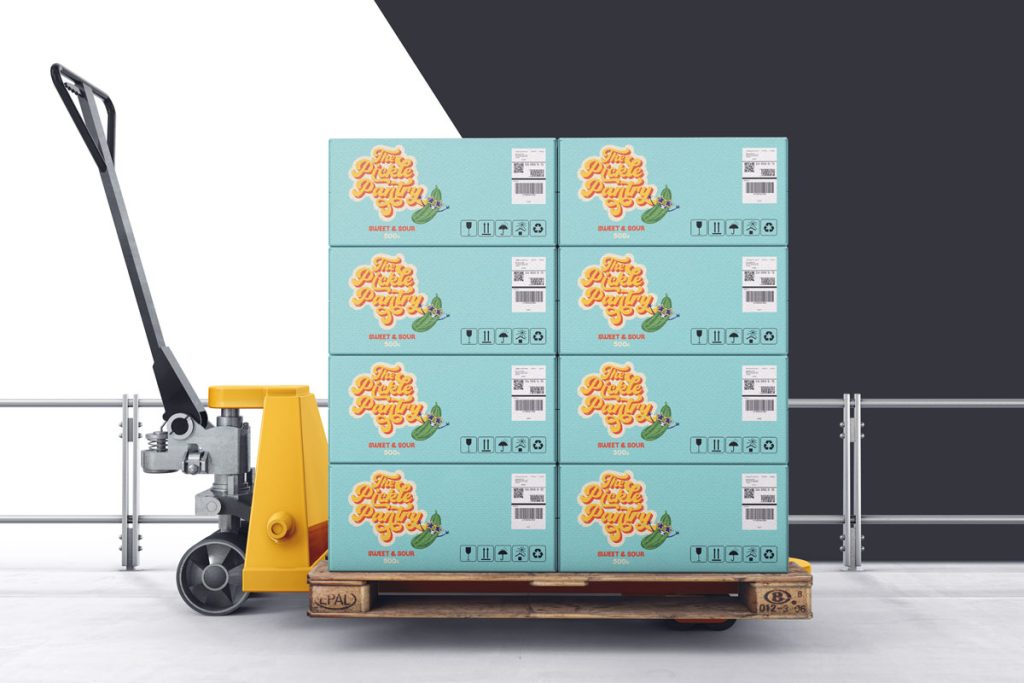 The Pickle Pantry - Retro Brand Identity for Jarred Pickles. Large product boxes.